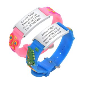 personalized safety bracelet for kids - customized stainless steel tag & cartoon silicone strap wristband for kid girls boys toddler,free engraving adjustable child anti-lost safety bracelets