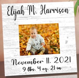 broad bay newborn baby frame alternative - personalized new birth gift - upload picture or photo - with customized birth details- solid wood - 10.5in x 10.5in