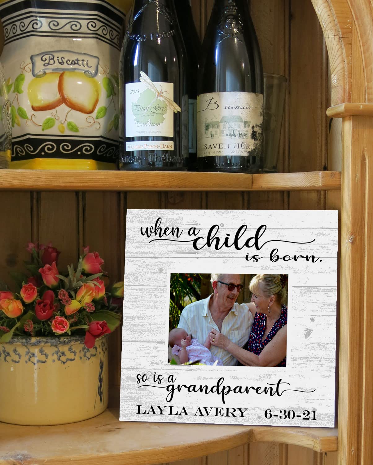 Grandparent Baby Photo Frame Alternative - Personalized When A Child Is Born So Is A Grandparent - Upload Picture or Photo - with Customized Name and Birthday - Solid Wood