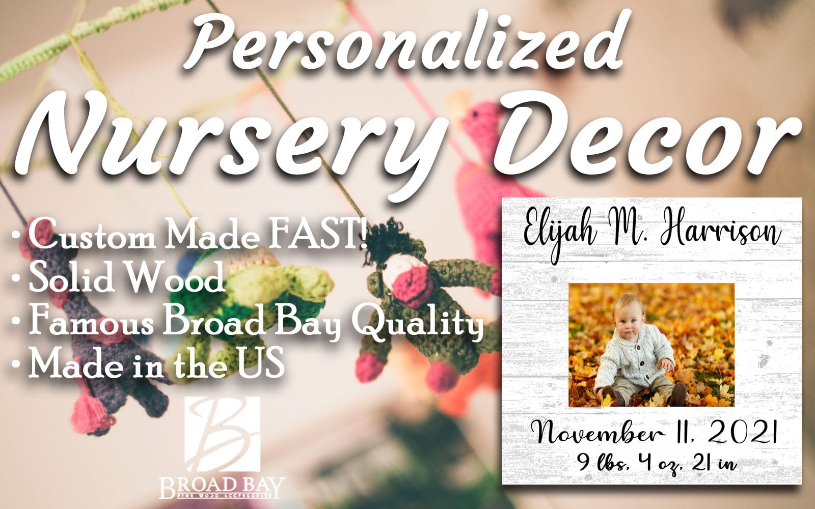 Broad Bay Newborn Baby Frame Alternative - Personalized New Birth Gift - Upload Picture or Photo - with Customized Birth Details- Solid Wood - 10.5in x 10.5in