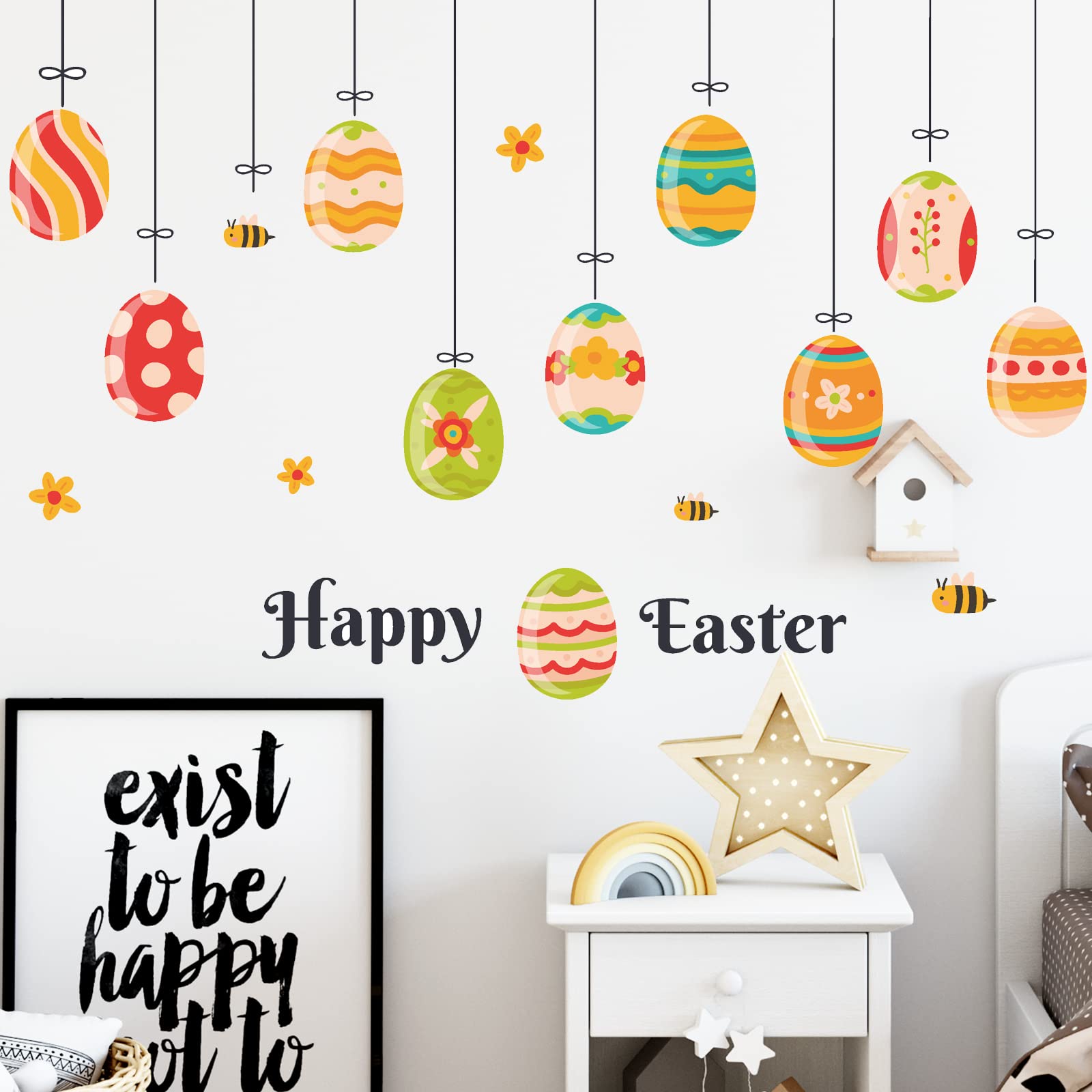 Happy Easter Wall Decals Eggs Wall Stickers Peel and Stick Easter Wall Decorations Window Clings for Nursery Classroom Kids Room Baby Bedroom Home Kitchen Easter Party Decoration (Eggs)