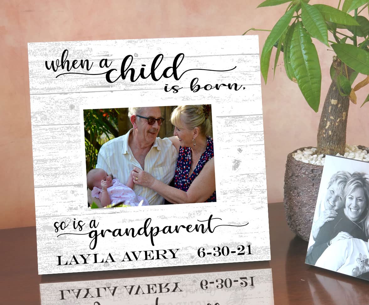 Grandparent Baby Photo Frame Alternative - Personalized When A Child Is Born So Is A Grandparent - Upload Picture or Photo - with Customized Name and Birthday - Solid Wood