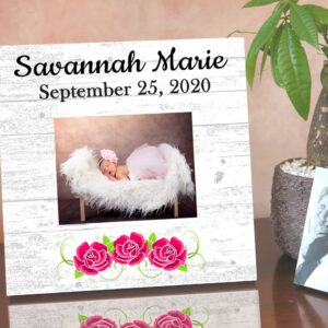 New Baby Frame Alternative - Personalized Baby Girl Birth Gift - Upload Picture or Photo - with Customized Name and Birthday Flowers