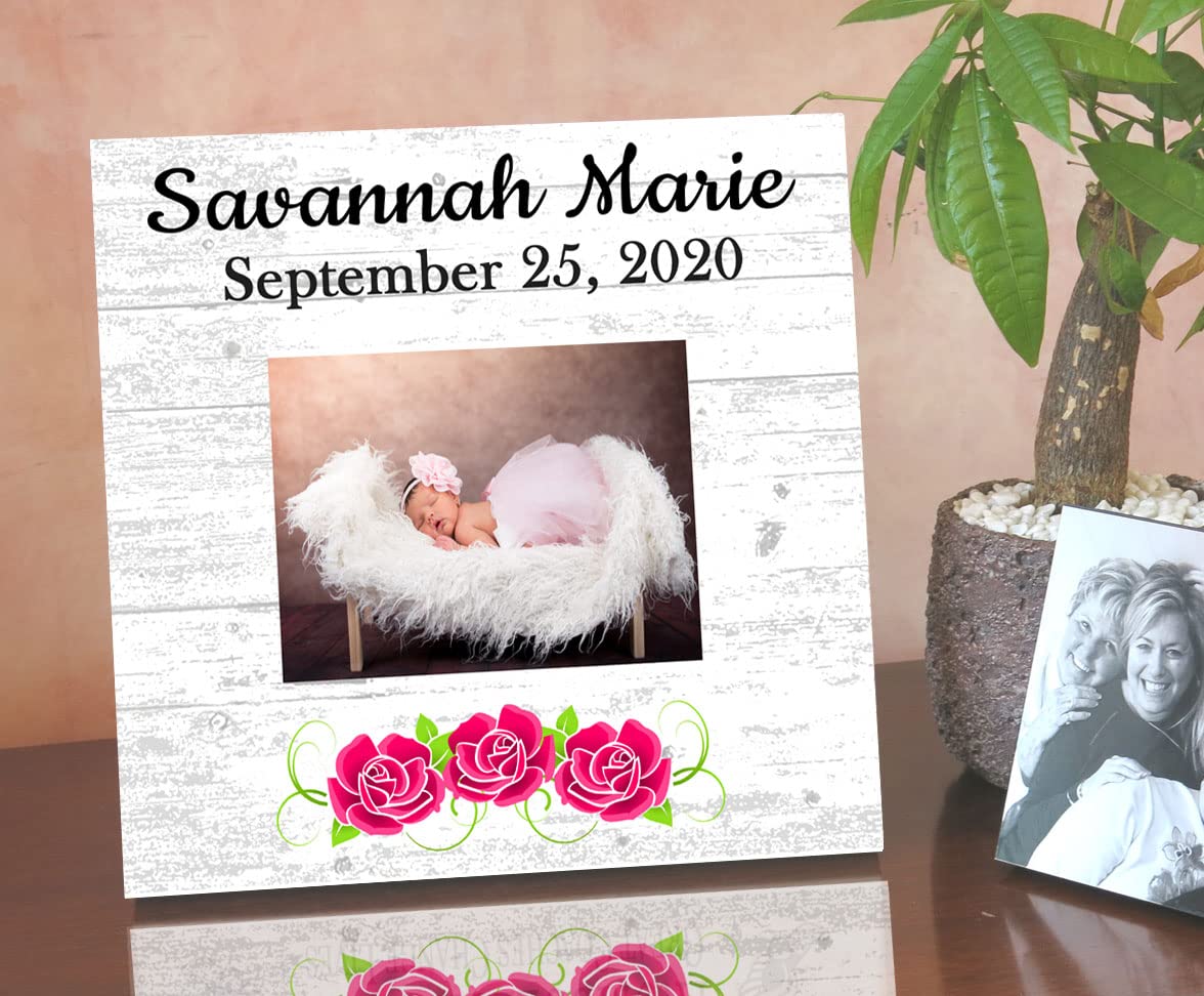 New Baby Frame Alternative - Personalized Baby Girl Birth Gift - Upload Picture or Photo - with Customized Name and Birthday Flowers