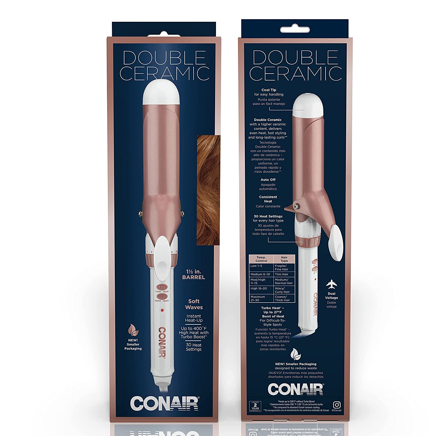 Conair Double Ceramic 1 1/2-Inch Curling Iron, 1 ½ inch Barrel Produces Soft Waves – for use on Medium and Long Hair (Pack of 2)