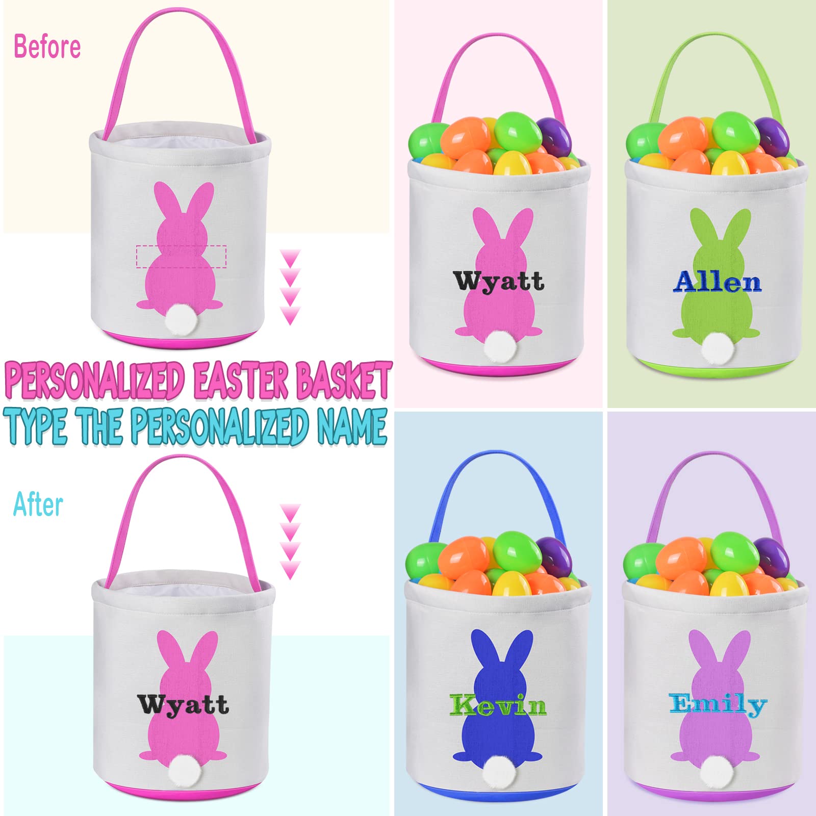 Personalized 2Pcs Easter Basket, VAPCUFF Blue and Pink Easter Baskets for Boys Girls Easter Bunny Basket Easter Eggs Hunt Basket Easter Gifts Easter Bunny Basket Gifts for Kids