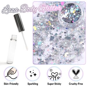 Laza Body Glitter, 2 Jars Holographic Chunky Sequins with Glitter Glue Perfect for Women Eyeshadow Makeup Face Paint Festival Rave Outfits Hair Accessories Carnival Party Costumes - Laser Galaxy