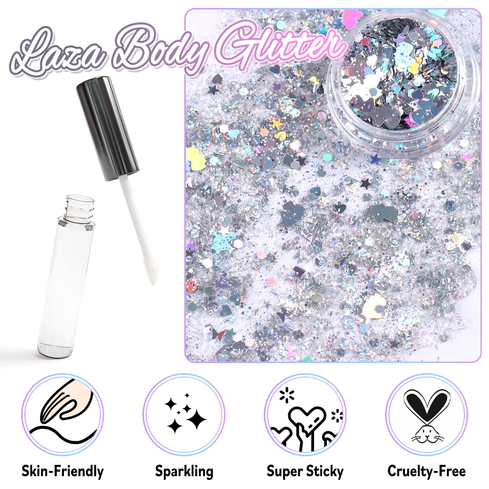 Laza Body Glitter, 2 Jars Holographic Chunky Sequins with Glitter Glue Perfect for Women Eyeshadow Makeup Face Paint Festival Rave Outfits Hair Accessories Carnival Party Costumes - Laser Galaxy