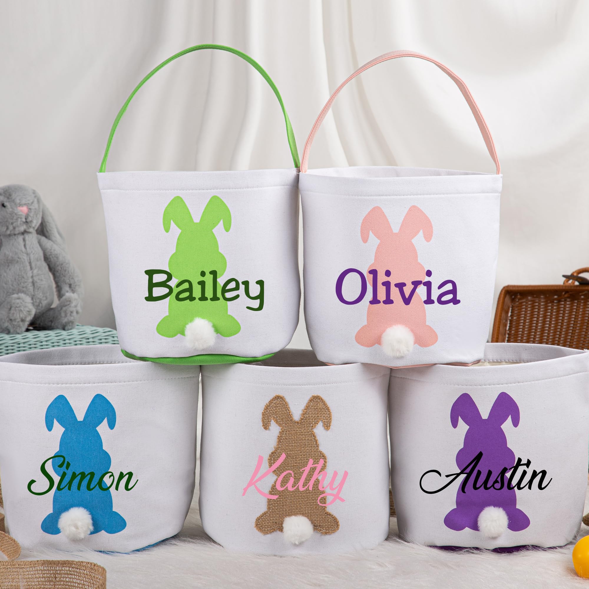 Personalized Easter Basket, Easter Bunny Basket for Kids, Easter Egg Hunt Tote Bag for Toys Candy Gift Party Decorations