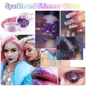 Laza Body Glitter, 2 Jars Holographic Chunky Sequins with Glitter Glue Perfect for Women Eyeshadow Makeup Face Paint Festival Rave Outfits Hair Accessories Carnival Party Costumes - Laser Galaxy