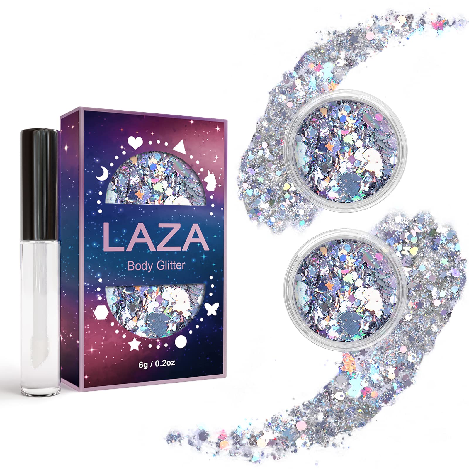 Laza Body Glitter, 2 Jars Holographic Chunky Sequins with Glitter Glue Perfect for Women Eyeshadow Makeup Face Paint Festival Rave Outfits Hair Accessories Carnival Party Costumes - Laser Galaxy