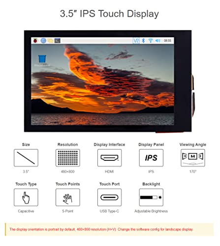 Coolwell 3.5 Inch LCD Display 3.5inch HDMI Touch Screen Touchscreen for Raspberry Pi 4B+ 4B 3B+ 3B 2B+ Zero W WH 2 W Jetson Nano PC 480x800 Adjustable Brightness IPS Display