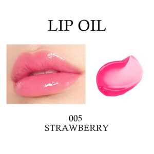 KYDA Hydrating Lip Glow Oil, Moisturizing Lip Oil Glossy Transparent Plumping Lip Gloss, Tinted Lip Oil for Lip Care and Dry Lips-Strawberry