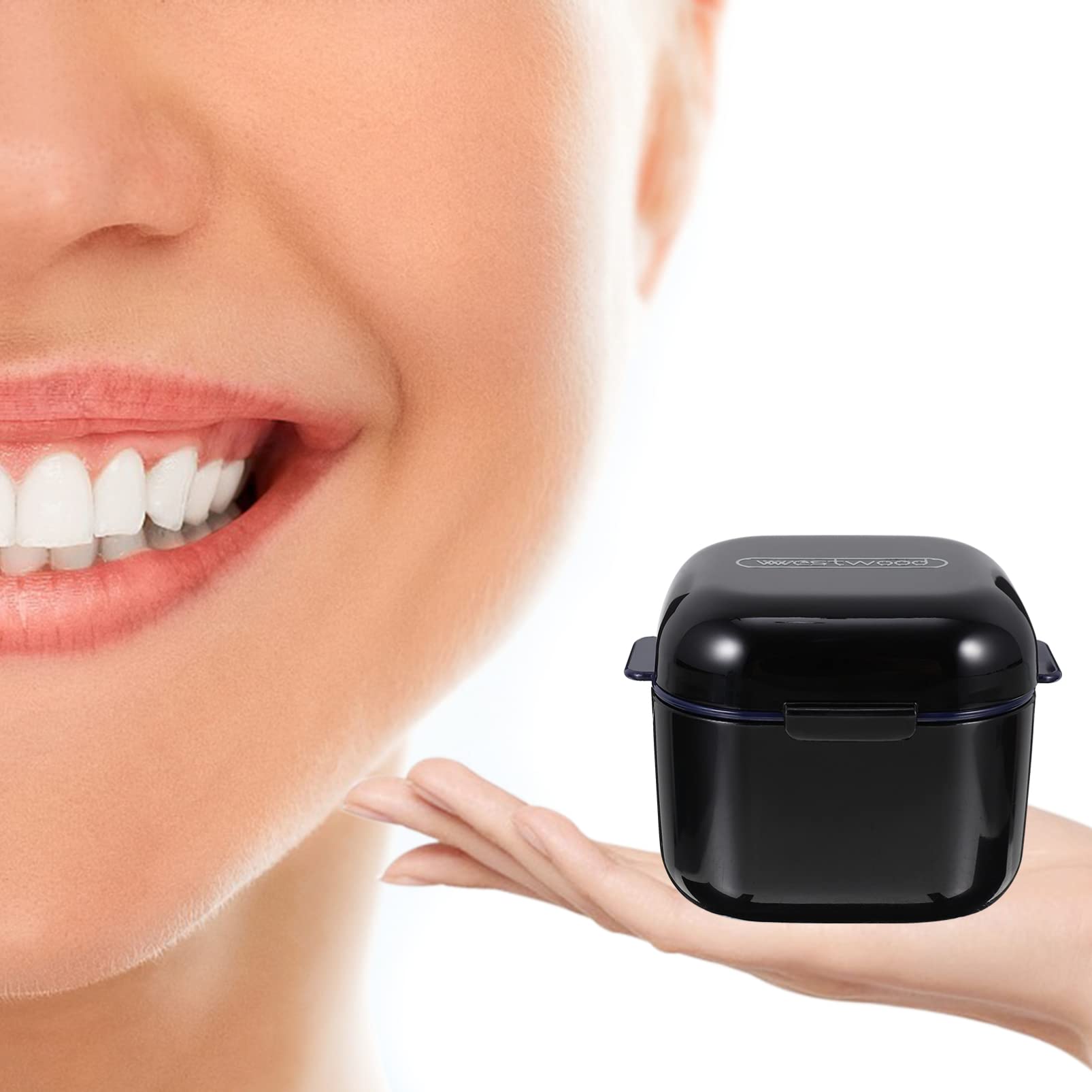 Tofficu Denture Bath Case Cup Box Portable False Teeth Holder Storage Soak Container Orthodontic Retainer Case with Strainer Basket for Travel Cleaning (Black)