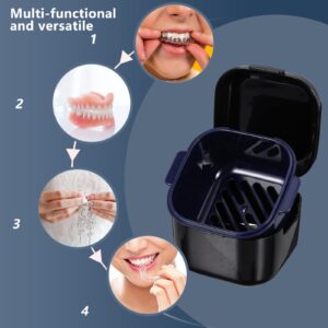 Tofficu Denture Bath Case Cup Box Portable False Teeth Holder Storage Soak Container Orthodontic Retainer Case with Strainer Basket for Travel Cleaning (Black)