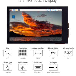 waveshare 3.5inch IPS Capacitive Touch LCD Display, Compatible with Raspberry Pi 5/4B/3B/Zero/Zero W/Zero 2W/Pico/Pico W/Pico WH, 480×800, Adjustable Brightness