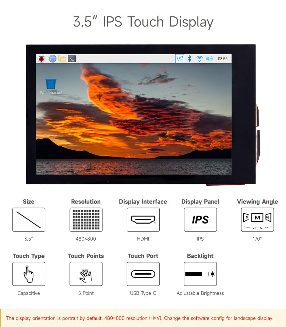 waveshare 3.5inch IPS Capacitive Touch LCD Display, Compatible with Raspberry Pi 5/4B/3B/Zero/Zero W/Zero 2W/Pico/Pico W/Pico WH, 480×800, Adjustable Brightness