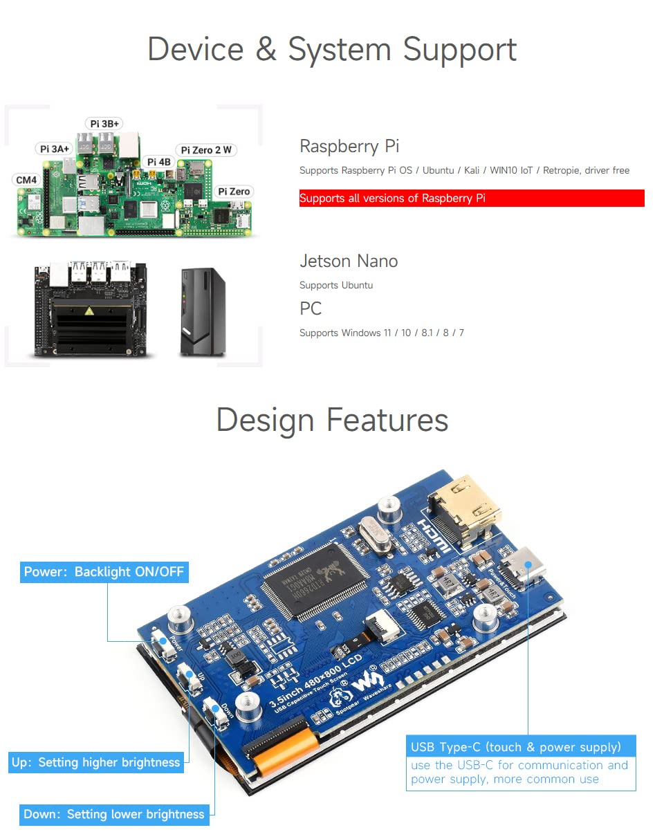 waveshare 3.5inch IPS Capacitive Touch LCD Display, Compatible with Raspberry Pi 5/4B/3B/Zero/Zero W/Zero 2W/Pico/Pico W/Pico WH, 480×800, Adjustable Brightness