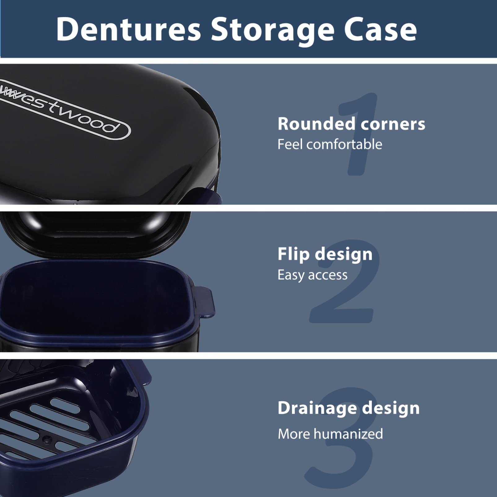 Tofficu Denture Bath Case Cup Box Portable False Teeth Holder Storage Soak Container Orthodontic Retainer Case with Strainer Basket for Travel Cleaning (Black)