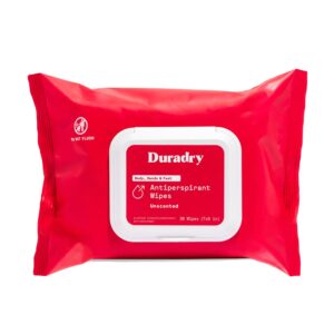 duradry antiperspirant wipes - maximum strength, antiperspirant for hands & feet, deodorizing sweat wipes, talc-free, blocks sweat & odor, dermatologist recommended - unscented, 1-pack