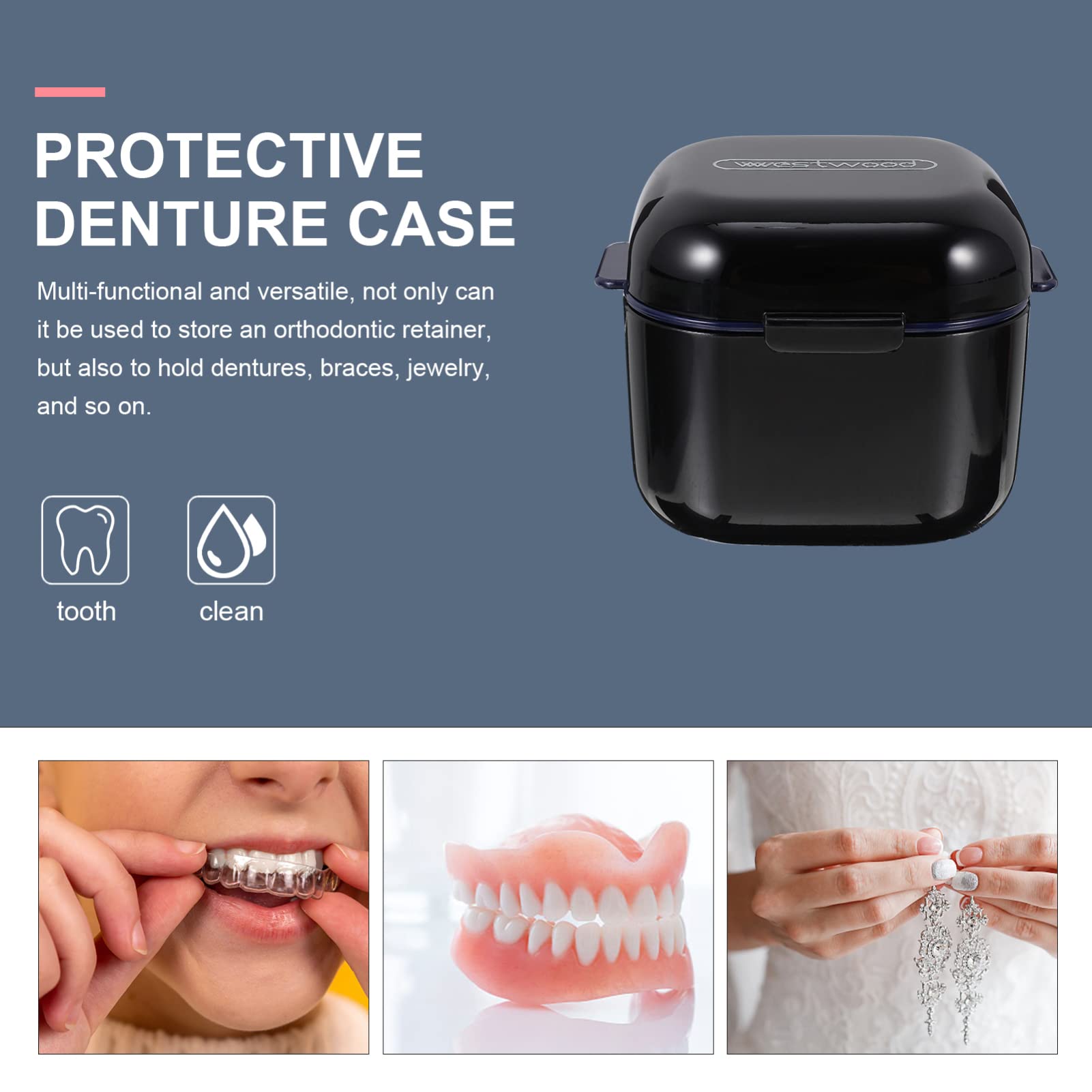 Tofficu Denture Bath Case Cup Box Portable False Teeth Holder Storage Soak Container Orthodontic Retainer Case with Strainer Basket for Travel Cleaning (Black)