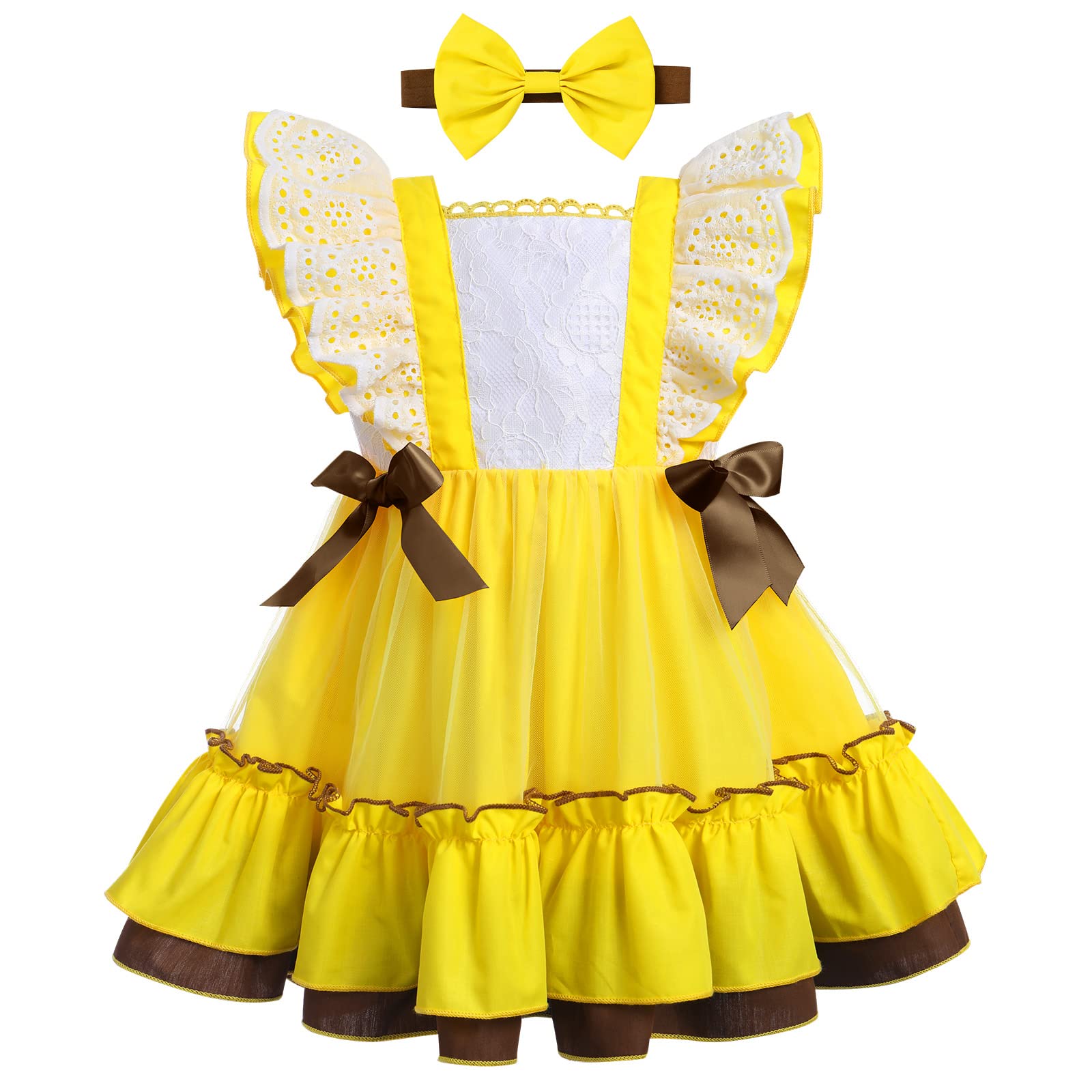 Toddler Baby Girl Ruffle Tutu Dress First Birthday Cake Smash Outfits Princess Polka Dot Bowknot Rainbow Floral Pageant Tea Party Dresses Baby Easter Baptism Dress Up Yellow Floral 12-18 Months