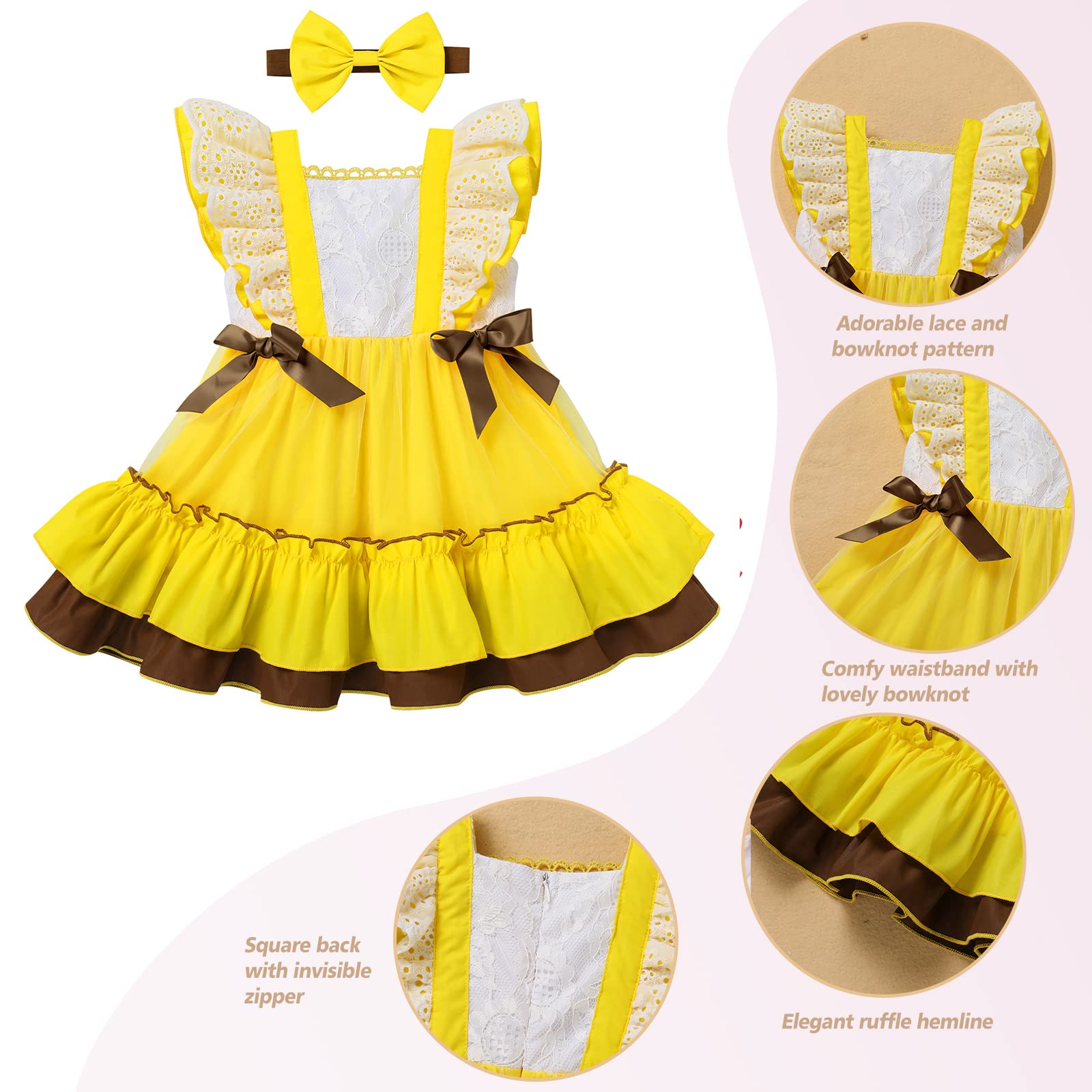 Toddler Baby Girl Ruffle Tutu Dress First Birthday Cake Smash Outfits Princess Polka Dot Bowknot Rainbow Floral Pageant Tea Party Dresses Baby Easter Baptism Dress Up Yellow Floral 12-18 Months