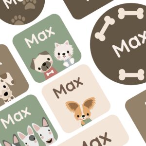 large name labels for kids (33) - custom stickers for daycare and school supplies - durable, waterproof stickers for water bottles, lunch boxes, and more with unique designs - dog