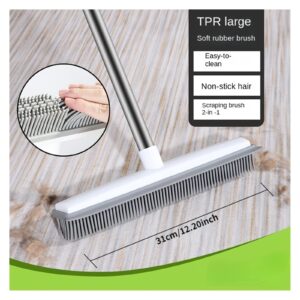 TUDEXX Pet Hair Removal Rubber Broom with Built in Squeegee, 2 in 1 Floor Brush for Carpet, Adjustable Handle, Includes One Microfiber Cloth for Floor Dusting