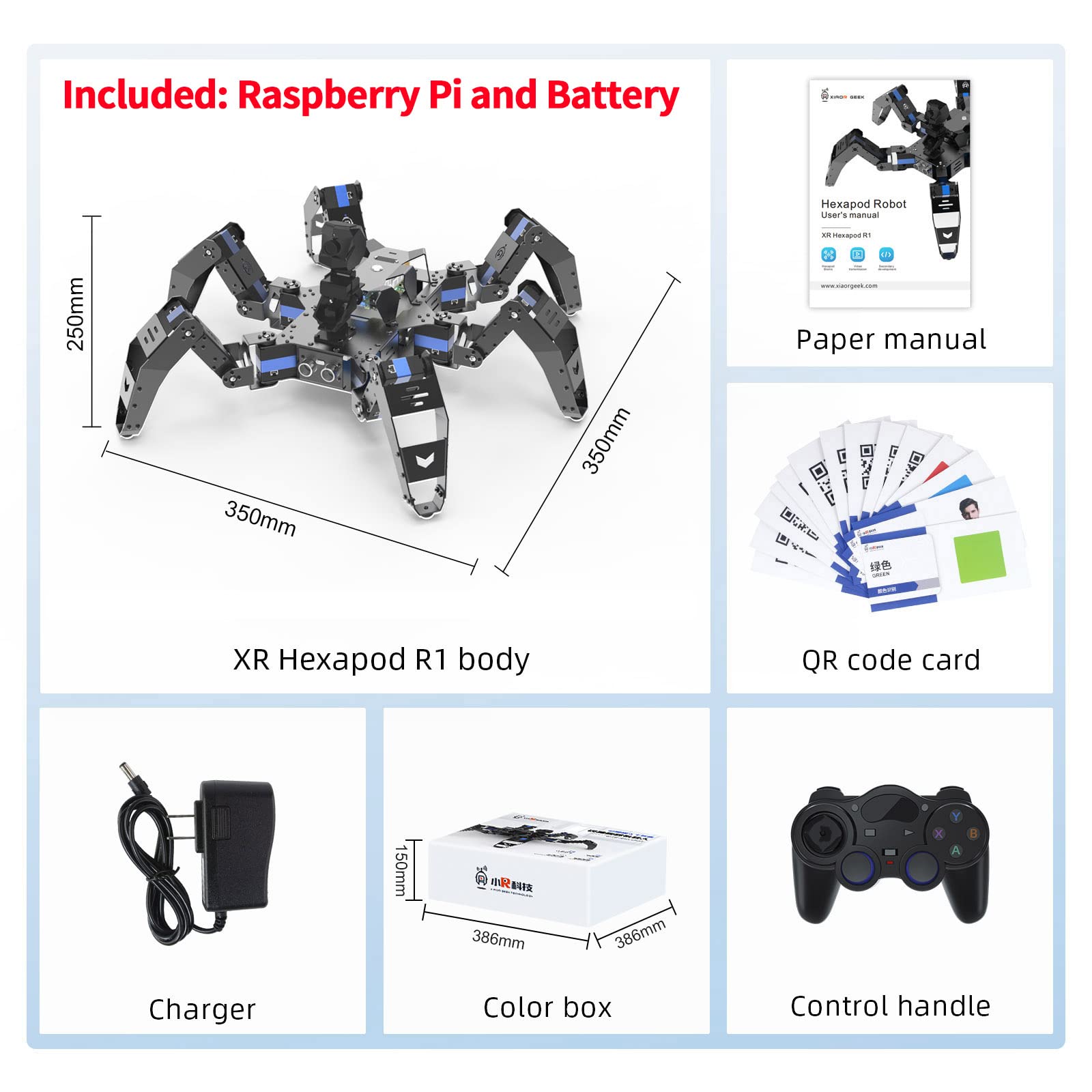 XiaoR Geek Hexapod Robot Kit for Raspberry Pi 4B, Walking Spider Programmable AI Robot Kit, Face,QR Code,Color Recognition, Ultrasonic Sensor, HD Camera, 18 DOF Metal Servo (Included Raspberry Pi)