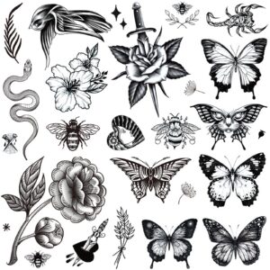 tazimi 8 sheets large black tattoos for women girls butterfly snake bee swallow flowers scorpion fake tattoos realistic adult classic tattoos for friends night party favor theme decoration and tattoo