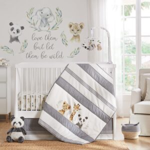 levtex baby - mozambique crib bed set - baby nursery set - baby animal - grey taupe charcoal green white - jungle animals - 4 piece set includes quilt, one fitted sheet, wall decal & skirt/dust ruffle