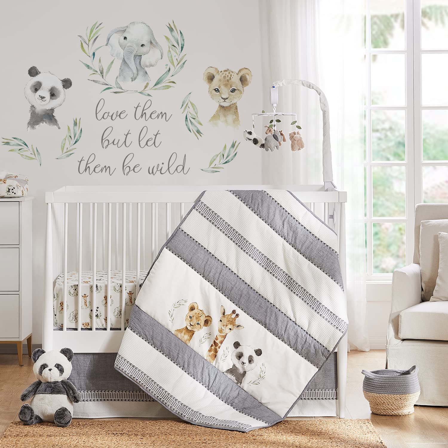 Levtex Baby - Mozambique Crib Bed Set - Baby Nursery Set - Baby Animal - Grey Taupe Charcoal Green White - Jungle Animals - 4 Piece Set Includes Quilt, One Fitted Sheet, Wall Decal & Skirt/Dust Ruffle