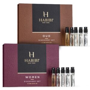 h habibi women’s & oud collection discovery sample set - perfumes for women, arabian perfume for women, perfume sampler for women, 10 mini sprays (2 ml each), made in usa