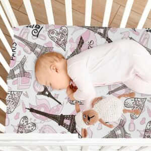 GOODOLD Beautiful Paris Eiffel Tower Crib Sheets for Boys Girls, 39x27 Inch Soft and Breathable Pack n Play Sheets, Portable Mini Stretchy Cribs Sheets