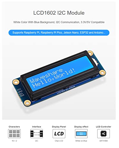 LCD1602 Display Module for Raspberry Pi 4B+ 4B 3B+ 3B 2B+ Zero W WH Pico Jetson Nano ESP32 Ardui...I2C Display Module 3.3V/5V 16x2 Characters White Color Blue Background