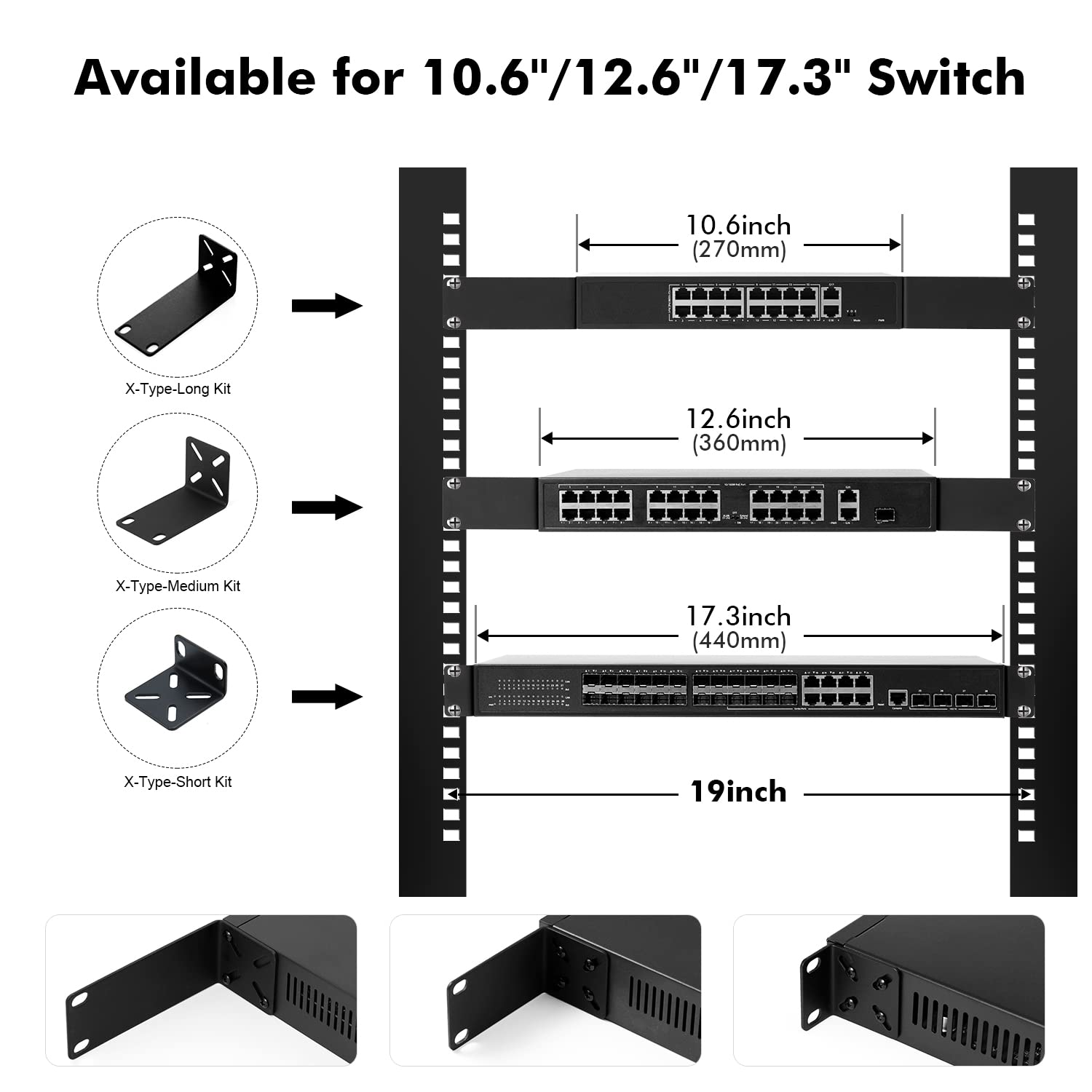 MokerLink Rack Mount Kit for 12.6 inch Switches, Adjustable Hole Distance 14-30mm, Mount a 12.6 Wide to a 19 Equipment Rack, Compatible for Netgear, Cisco, D-Link, TRENDnet, Dell 12.6 inch Products