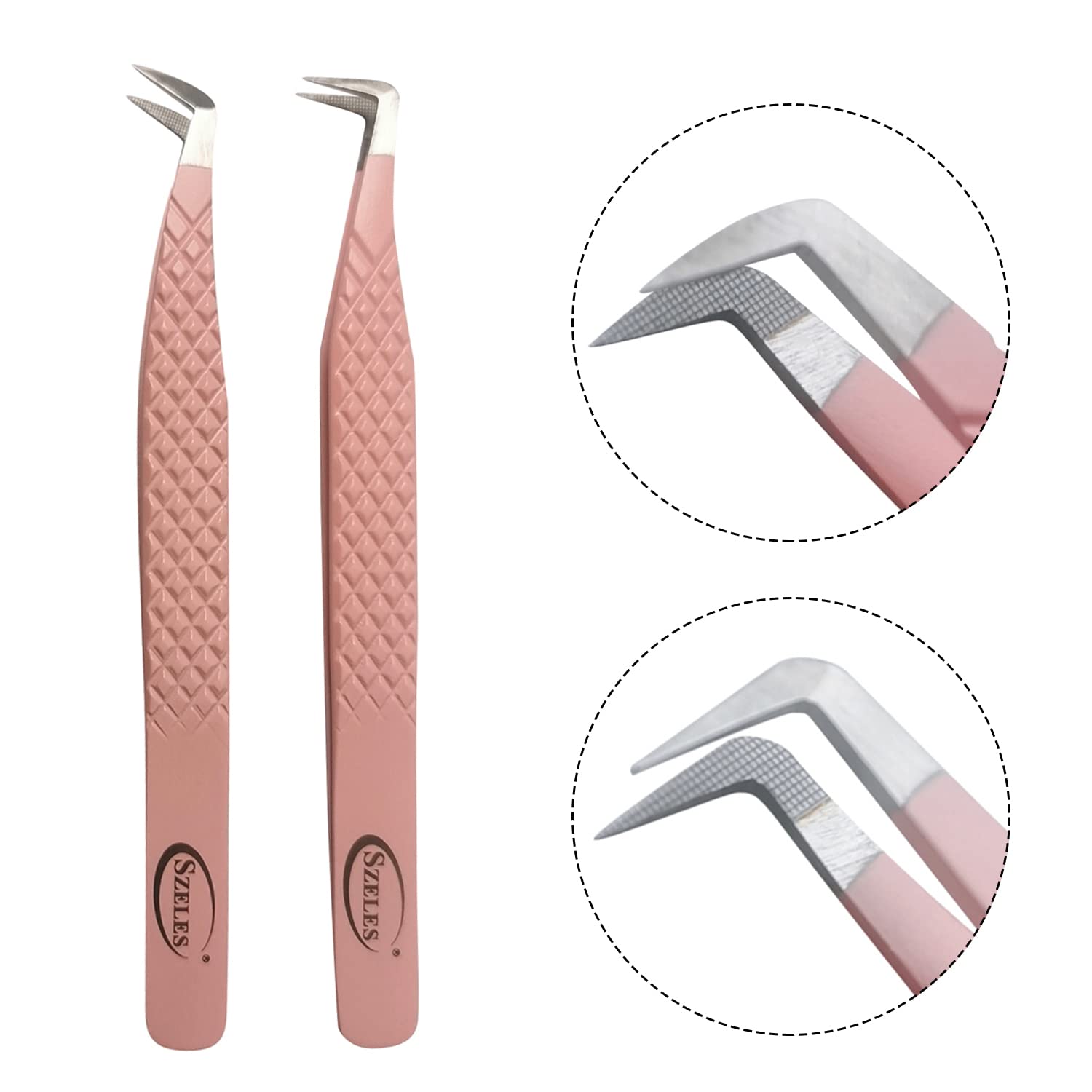 SZELES Fiber Tip Tweezers Diamond Grip Eyelash Extensions Tweezer Anti-Slip solation Volume Lash Tweezers For Lash Tweezers (FTT1-PINK) (FTT1-PINK)