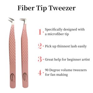 SZELES Fiber Tip Tweezers Diamond Grip Eyelash Extensions Tweezer Anti-Slip solation Volume Lash Tweezers For Lash Tweezers (FTT2-PINK)