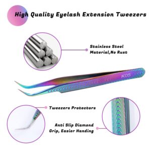 Kolybel Eyelash Extension Tweezers Professional Precision Stainless Steel Lash Extension Tweezers for Mega Volume and Mink Eyelashes Extensions Applying Curved Tips（Color-K05)