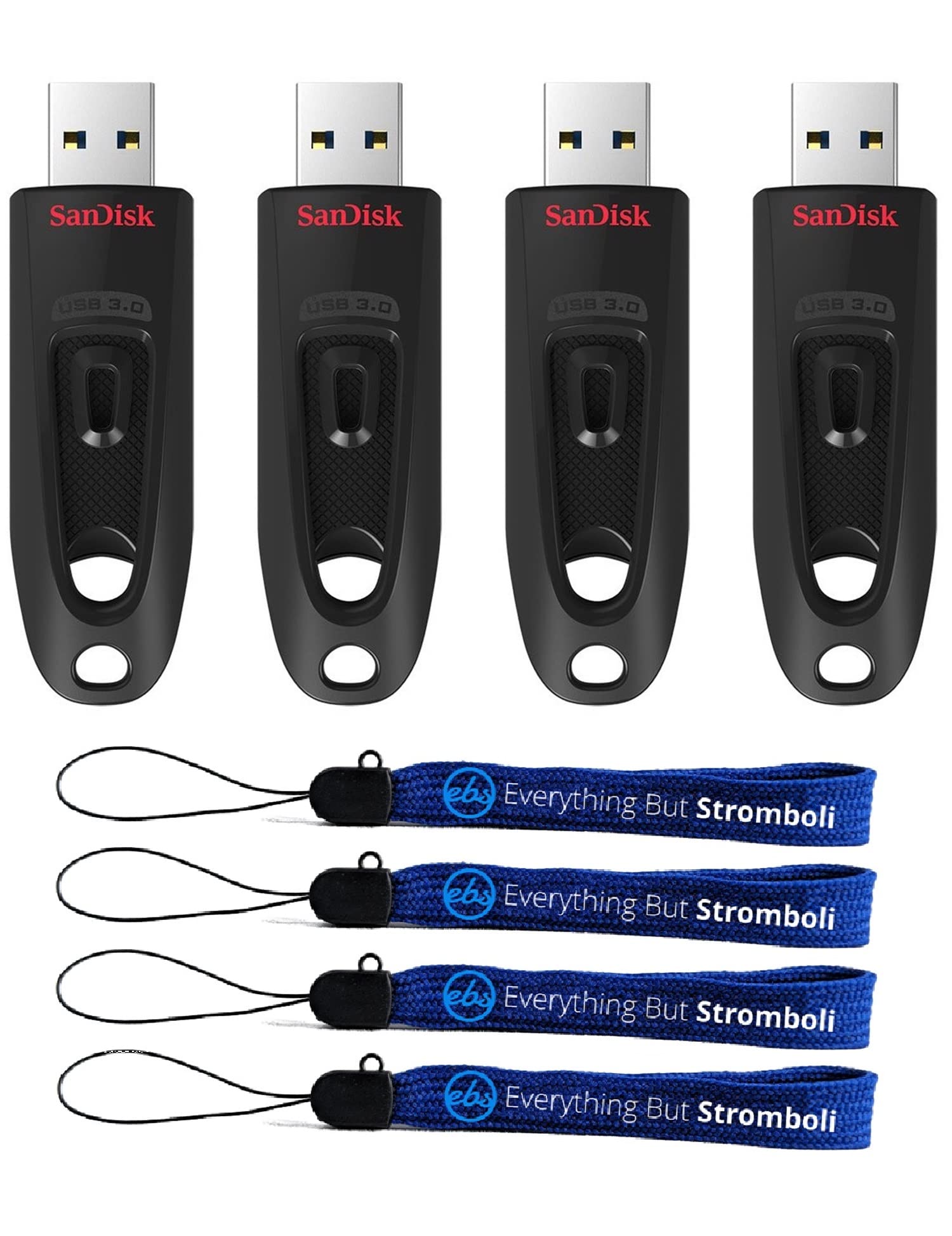 SanDisk Ultra USB 3.0 Flash Drive 32GB 4 Pack High Performance Flash Drives - SDCZ48-032G-U46 Bundle with (4) Everything But Stromboli Lanyards