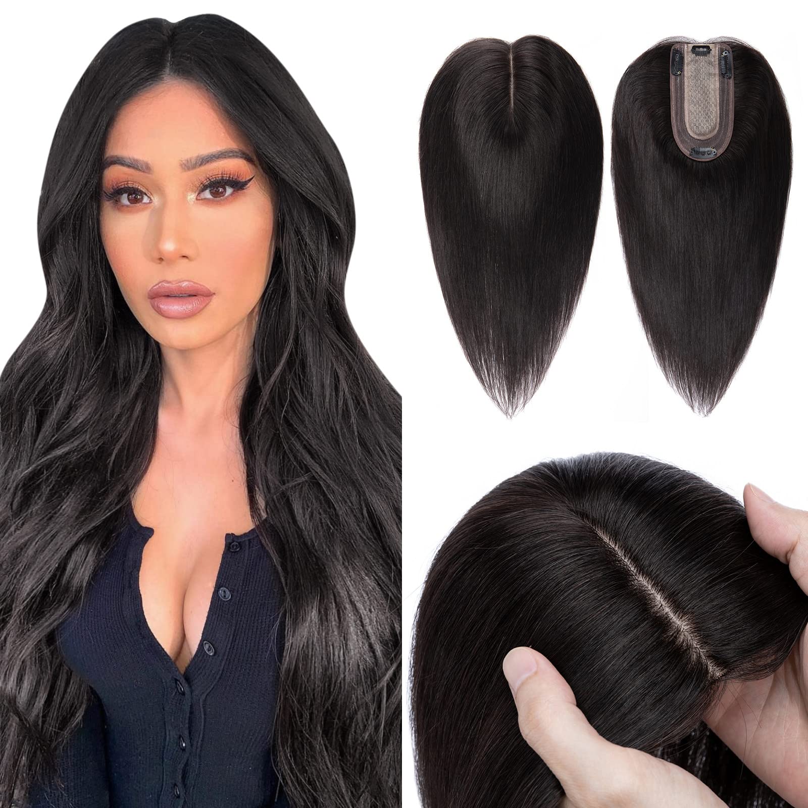 Hairro Hair Toppers for Women Human Hair No Bang, Clip in Real Hairpieces, Breathable Silk Base for Covering Greyish Hair on Top/Thinning Hair/Hair Loss, 14 Inch Natural Black