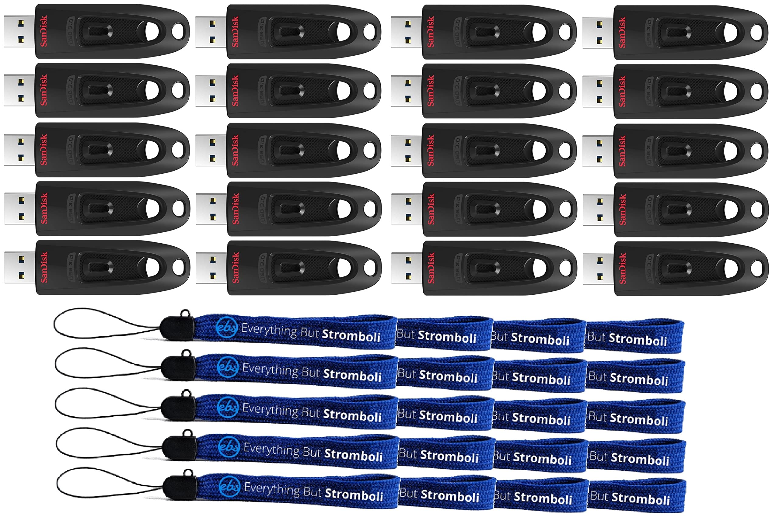 SanDisk 32GB 20 Pack Flash Drives Ultra 3.0 USB Drives for Laptop and Computer - High Performance Thumb Drives (SDCZ48-032G-U46) Pen Drive Bulk Pack Bundle with (20) Everything But Stromboli Lanyards