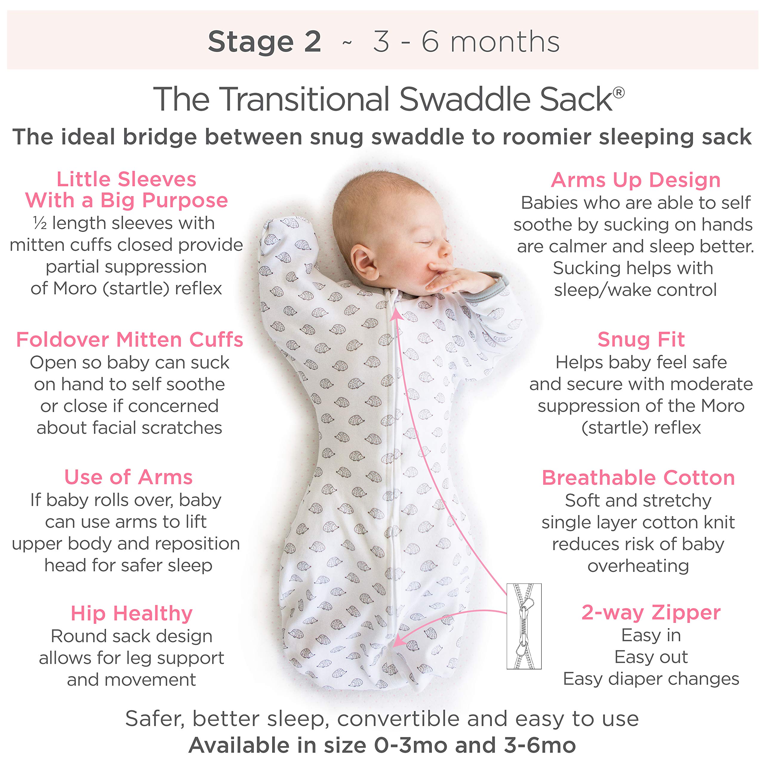 SwaddleDesigns Transitional Swaddle Sack with Arms Up Half-Length Sleeves and Mitten Cuffs, Tiny Hedgehogs, Small, 0-3mo, 6-14 lbs (Better Sleep for Baby Boys, Baby Girls, Easy Swaddle (Pack of 2)