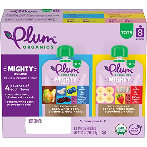 Plum Organics Mighty Builder Organic Toddler Food - Fruit and Veggie Blend Variety Pack - 4 oz Pouch (Pack of 24) - Organic Fruit and Vegetable Toddler Food Pouch