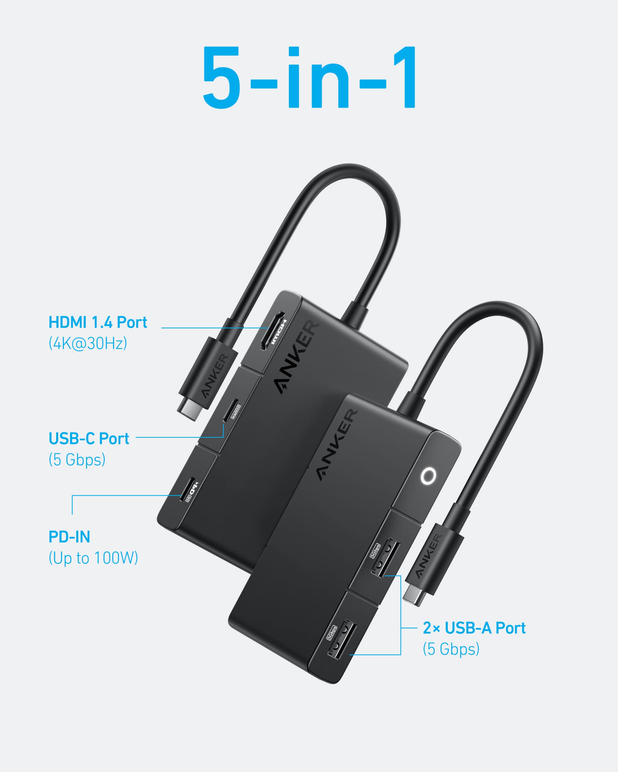 Anker USB C Hub, 332 USB-C Hub (5-in-1, 4K HDMI) with 100W Power Delivery, 4K@30Hz HDMI Display, 5Gbps USB-C and USB-A Data Ports & 333 USB C to USB C Cable (6ft 100W, 2-Pack)