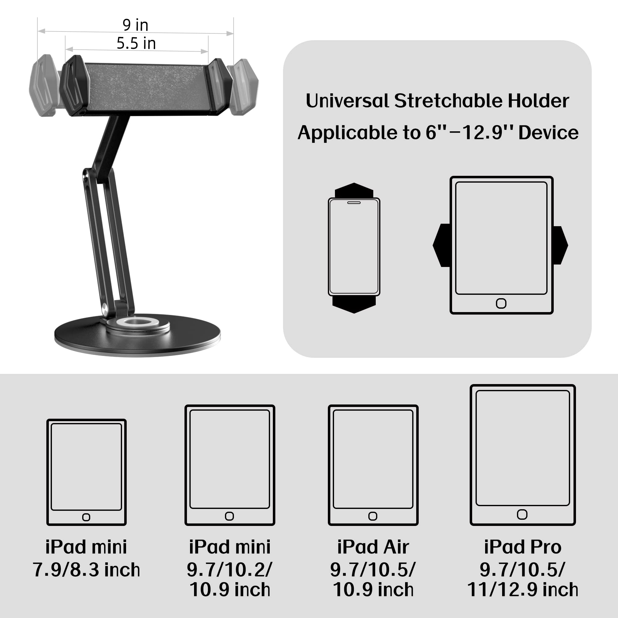 pzoz Retail Kiosk iPad Stand, 360°Rotate POS Tablet Stand, Fits 6-12.9" iPad Mini Pro-Business Supplies Swivel Tablet Holder for Store Cash Register Office Reception Kitchen Desktop Display