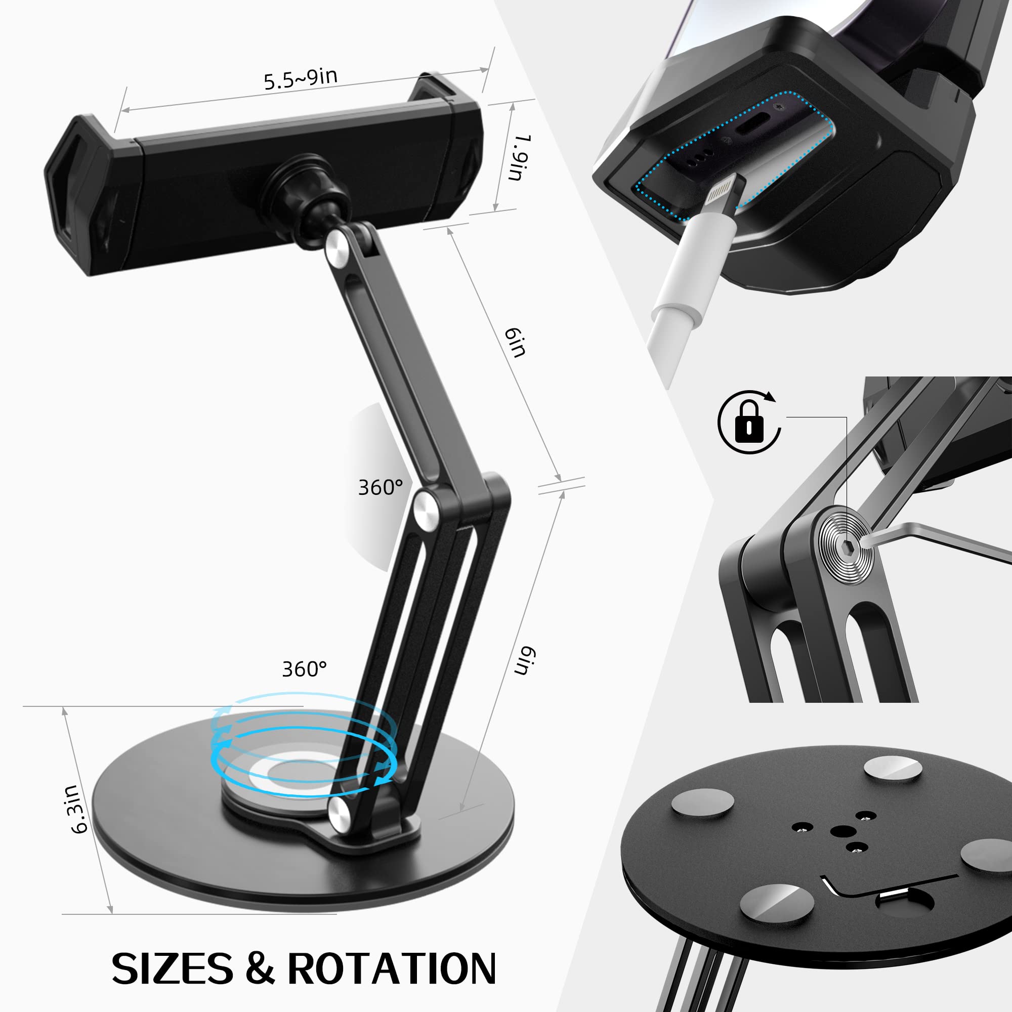 pzoz Retail Kiosk iPad Stand, 360°Rotate POS Tablet Stand, Fits 6-12.9" iPad Mini Pro-Business Supplies Swivel Tablet Holder for Store Cash Register Office Reception Kitchen Desktop Display