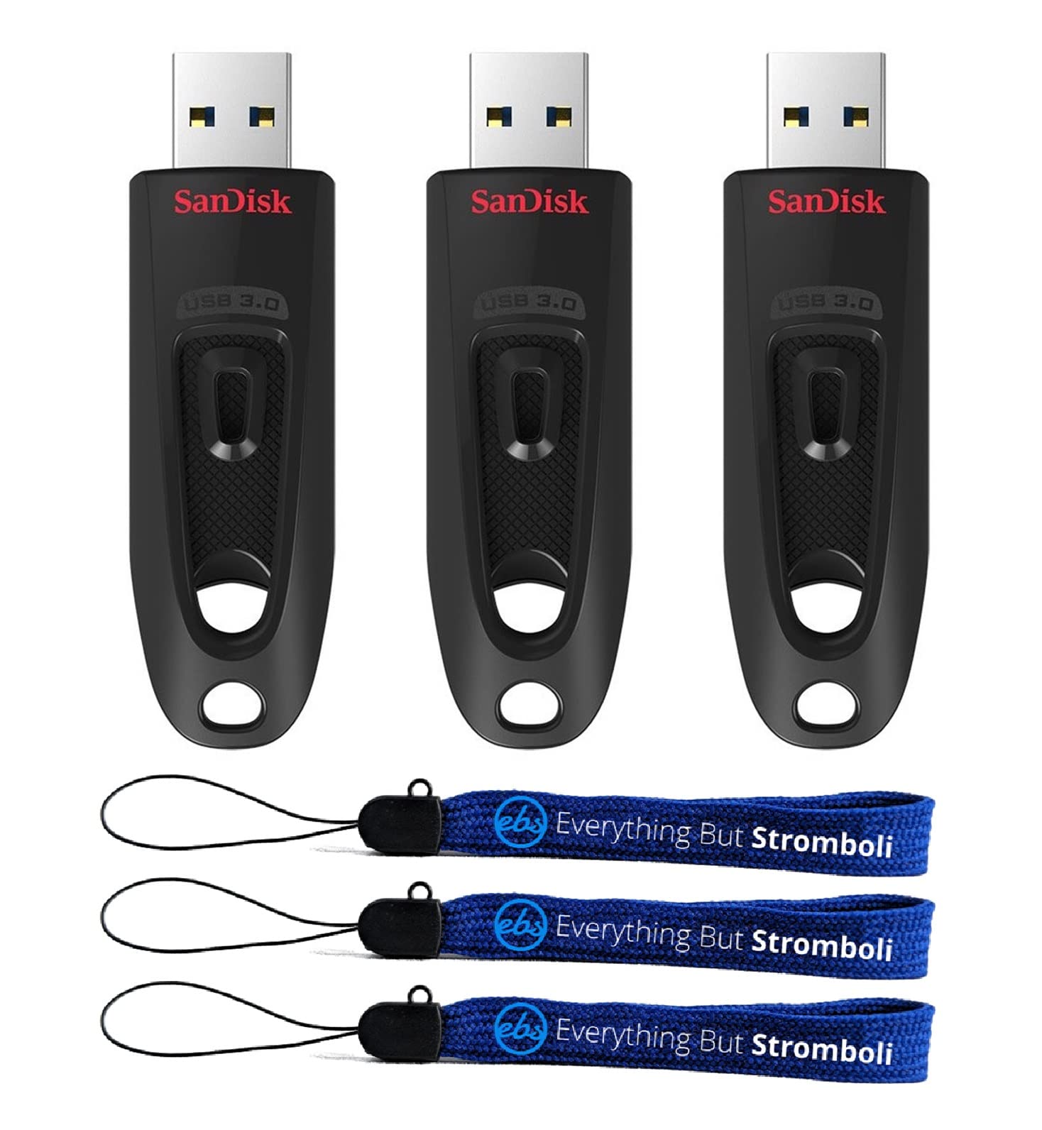 SanDisk 512GB Flash Ultra 3.0 USB Flash Drive 3 Pack High Performance Thumb Drives Works with Computers, Laptops, and Desktops (SDCZ48-512G-U46) Bundle with (3) Everything But Stromboli Lanyards