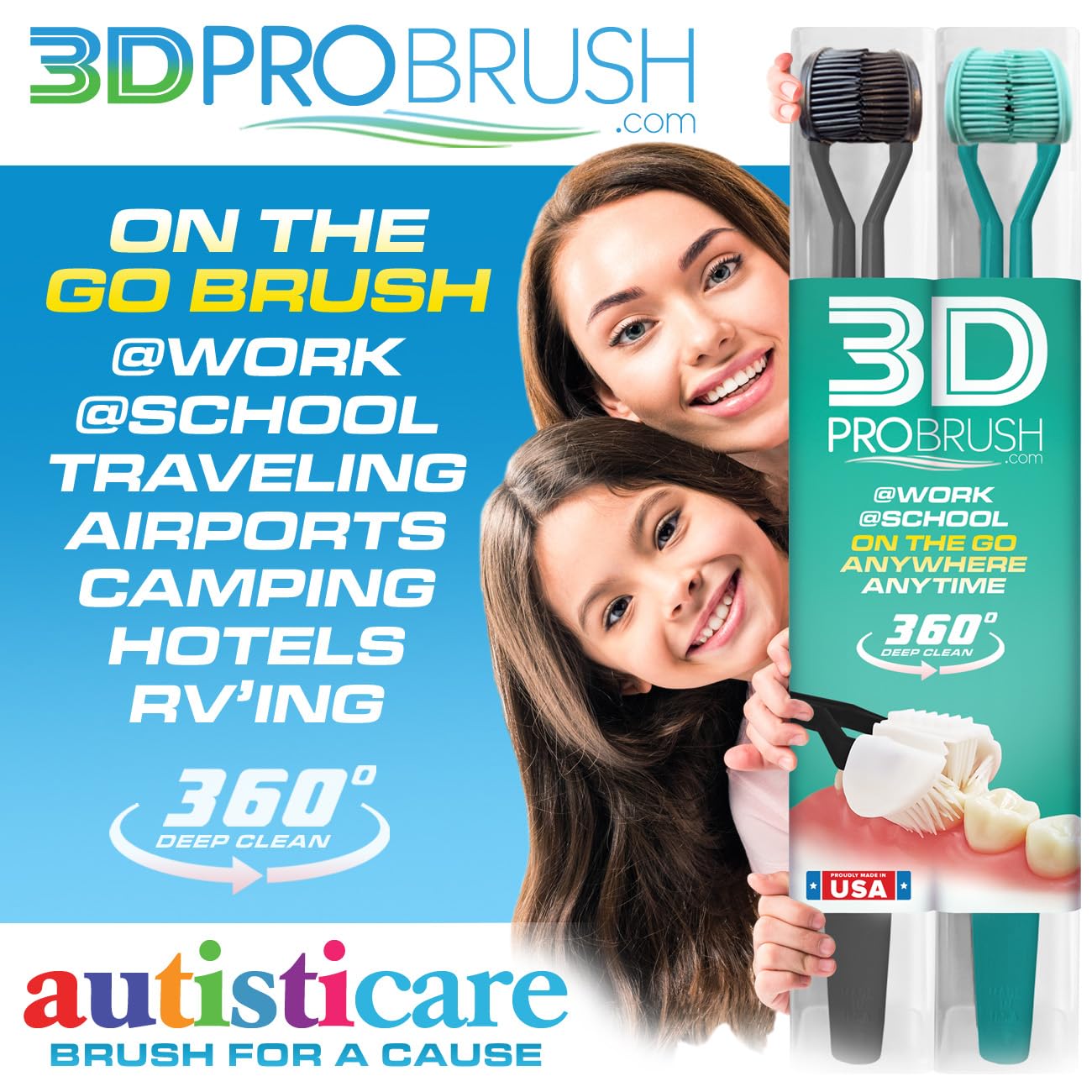 3D Pro Brush | 3-Sided Toothbrush | 3X Clean Two-Pack | 360 Gum Massage Triple Deep Clean Ultra Soft Replacement Heads Tongue Scraper Sustainable Sensory Gift Oral Health Care Travel Three Made in USA